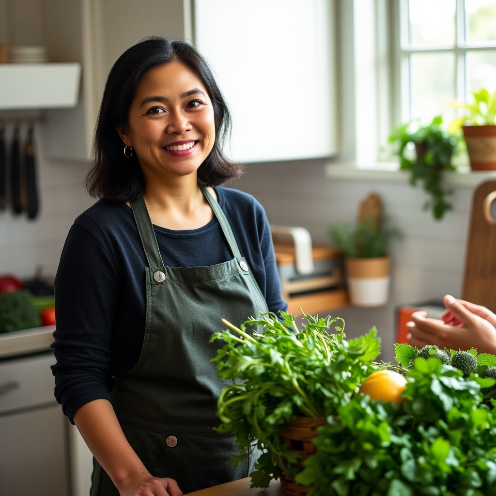 Sarah Chen, food writer and nutritionist with expertise in sustainable eating practices, photographed in a bright kitchen setting with fresh vegetables and herbs