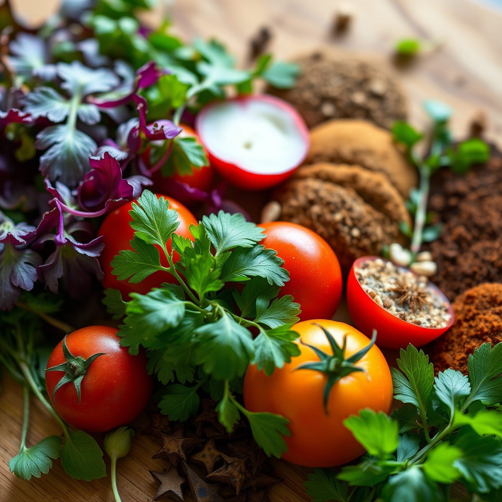 Close-up of colorful fresh ingredients artfully arranged on a wooden cutting board, showing complementary colors and textures like vibrant herbs, ripe tomatoes, and aromatic spices