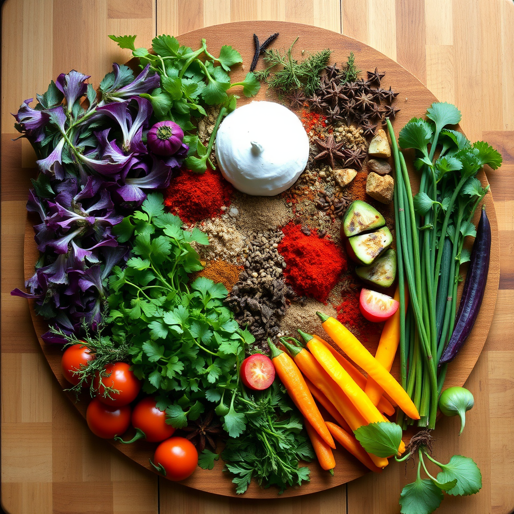 Colorful ingredients arranged in artistic harmony on a wooden cutting board with fresh herbs, spices, and seasonal vegetables creating a symphony of colors and textures