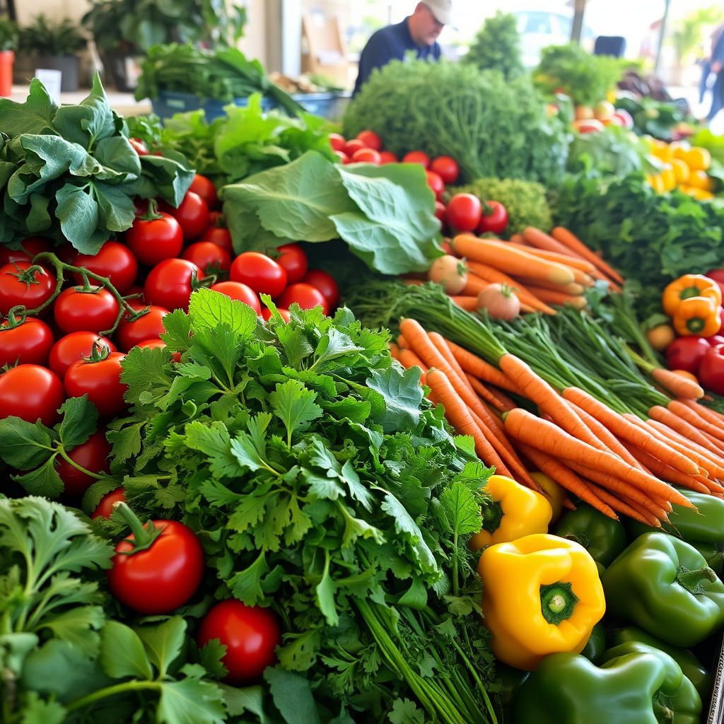 Vibrant display of freshly harvested vegetables including tomatoes, leafy greens, carrots, and bell peppers arranged at a local farmers market with morning sunlight filtering through