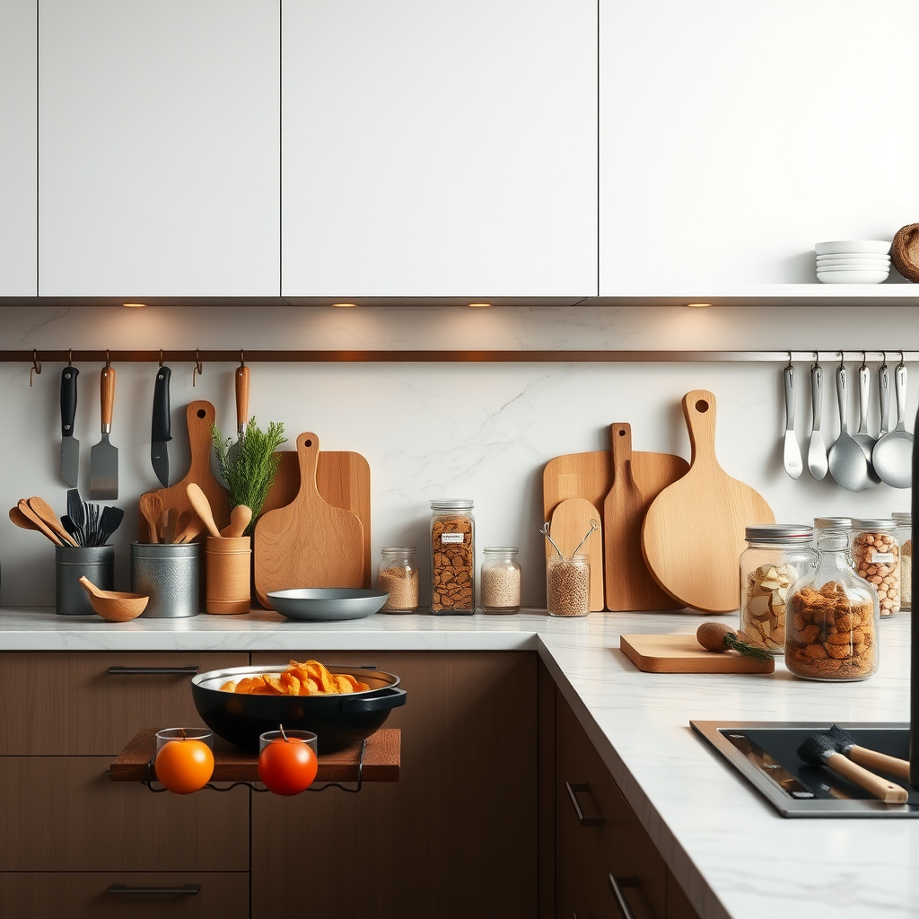 Modern kitchen setup with essential cooking tools, knives, cutting boards, and pantry ingredients arranged harmoniously on marble countertops with warm lighting