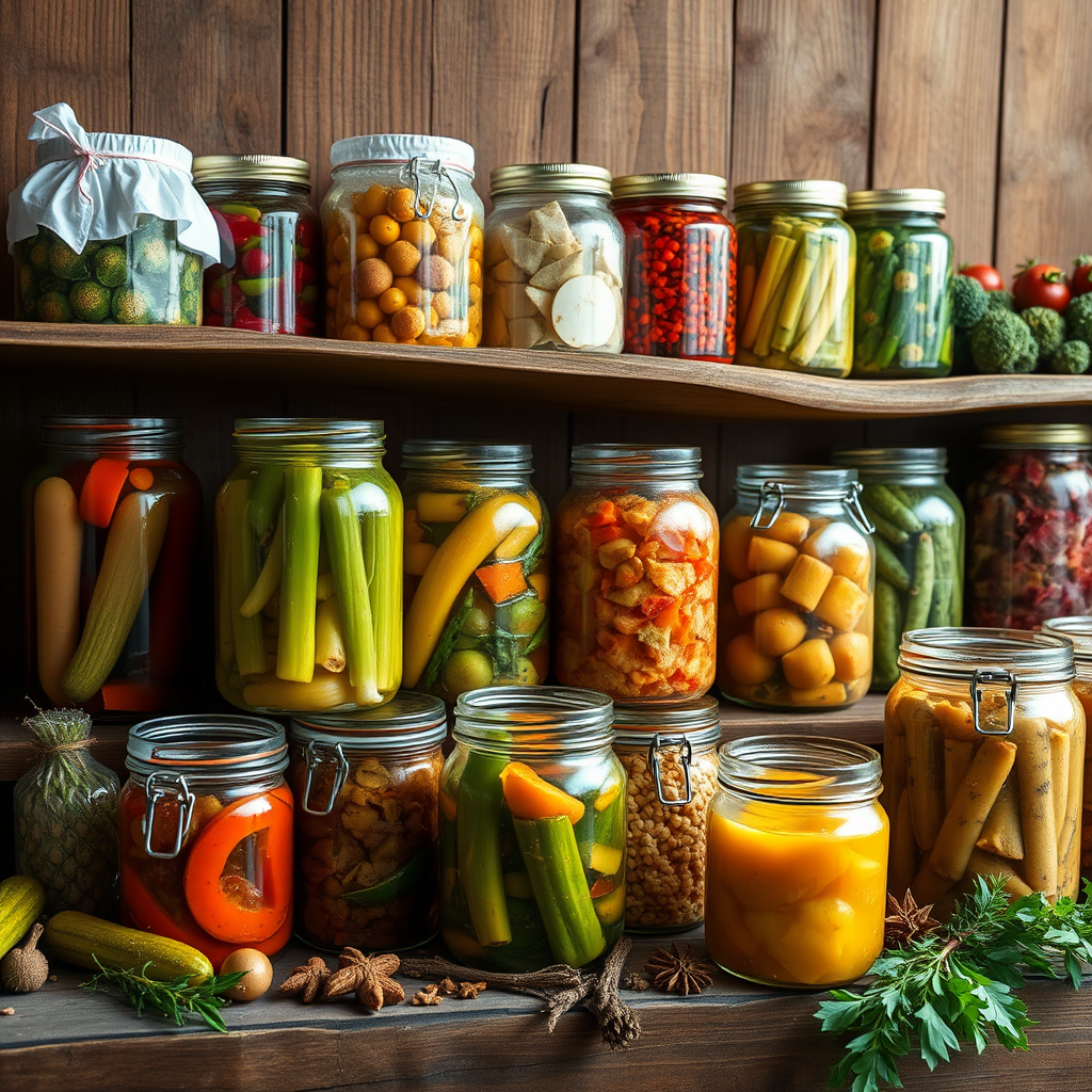 Traditional food preservation setup showing glass jars filled with colorful preserved vegetables, fruits, and fermented foods arranged on rustic wooden shelves with herbs and spices