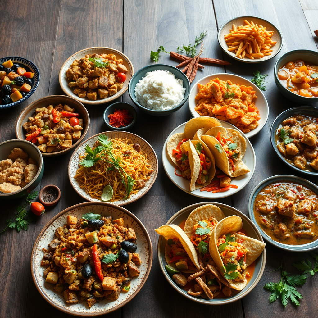 A beautifully arranged table showcasing dishes from around the world including Mediterranean mezze, Asian stir-fry, Mexican tacos, and Indian curry, with colorful spices and fresh ingredients artfully displayed