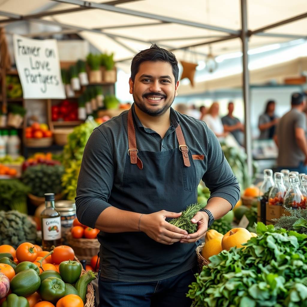 Marcus Rodriguez, culinary expert and local food advocate, shown in a farmers market setting surrounded by fresh produce and artisanal products