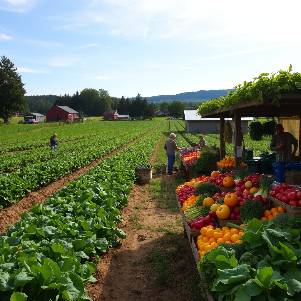 Scenic view of a local farm with rows of fresh vegetables, farmers harvesting produce, and a rustic farm stand displaying colorful seasonal vegetables and fruits