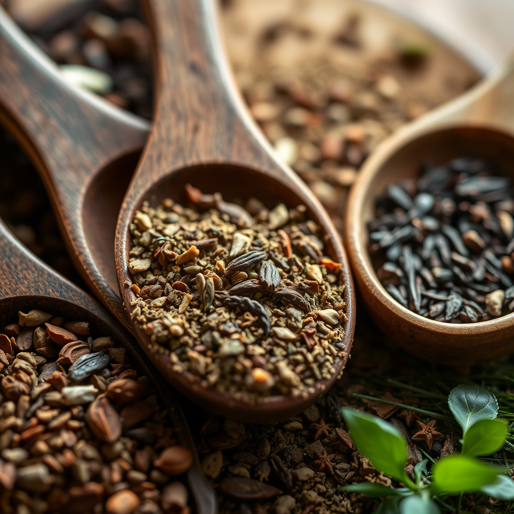 Close-up of aromatic spices and herbs in wooden spoons showing texture and natural colors with soft lighting