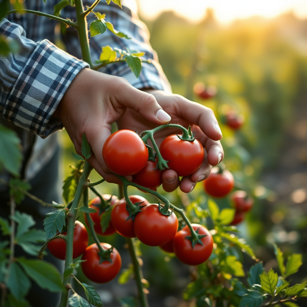 Farmer's hands carefully harvesting ripe red tomatoes from vine in early morning light, showing the care and attention that goes into selecting peak-quality produce