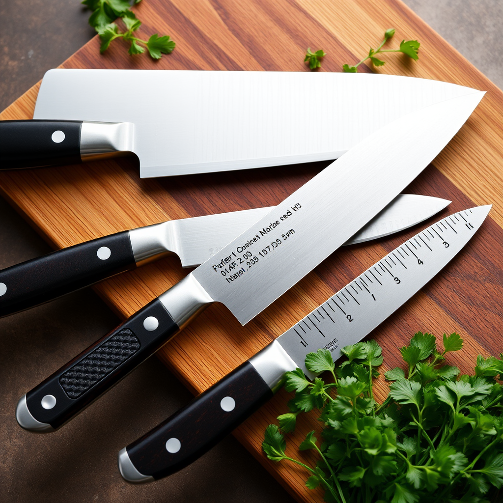 Set of professional chef knives including chef's knife, paring knife, and serrated knife arranged on wooden cutting board with fresh herbs