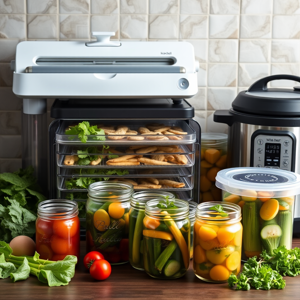 Modern kitchen preservation setup featuring vacuum sealer, dehydrator, pressure canner, and freezer containers with fresh ingredients being processed using contemporary preservation techniques