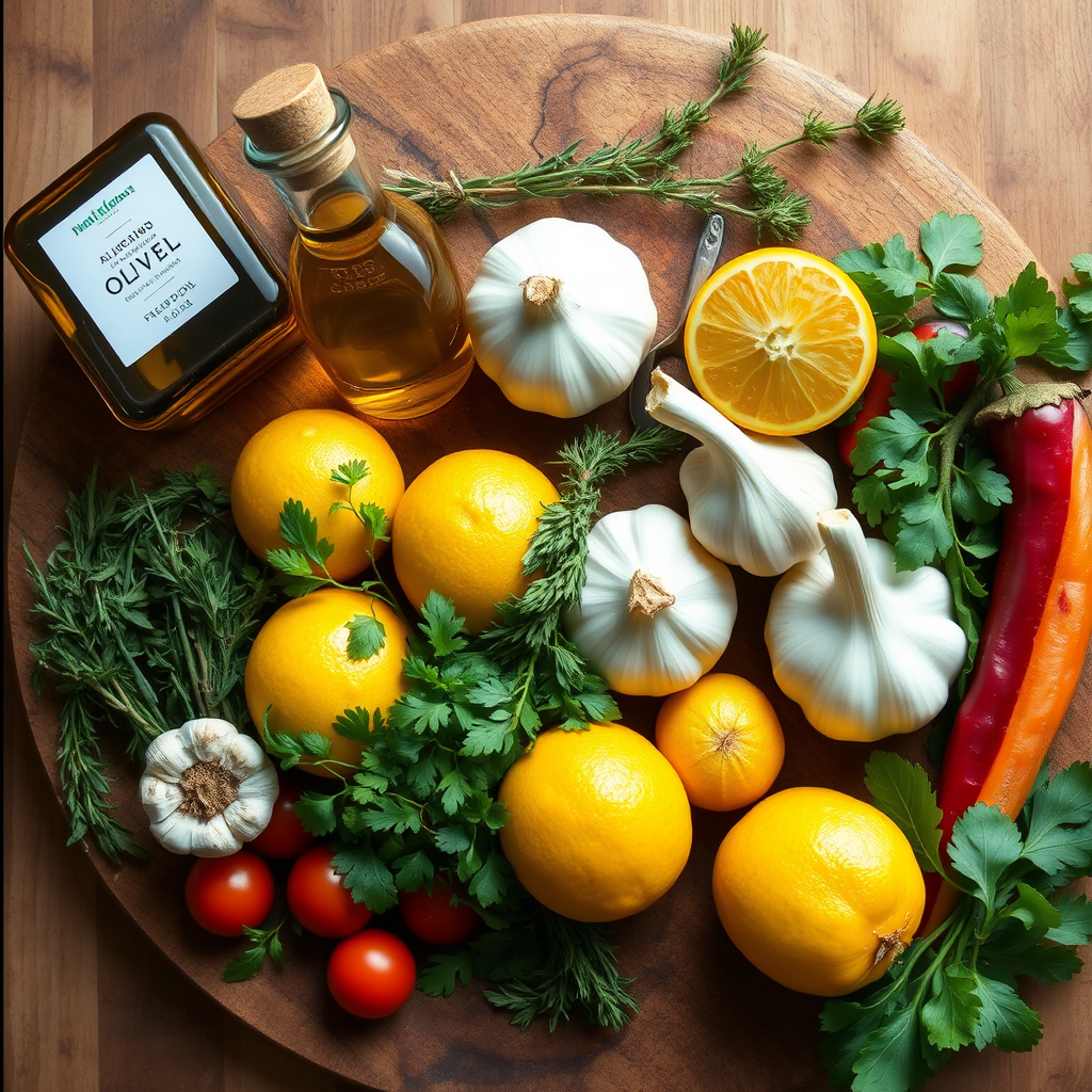 Fresh Mediterranean ingredients including olive oil, herbs, lemons, garlic, and colorful vegetables arranged on a rustic wooden cutting board