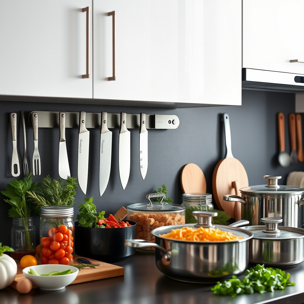 Well-organized modern kitchen with essential cooking tools, quality knives on a magnetic strip, fresh ingredients in glass containers, and professional cookware neatly arranged