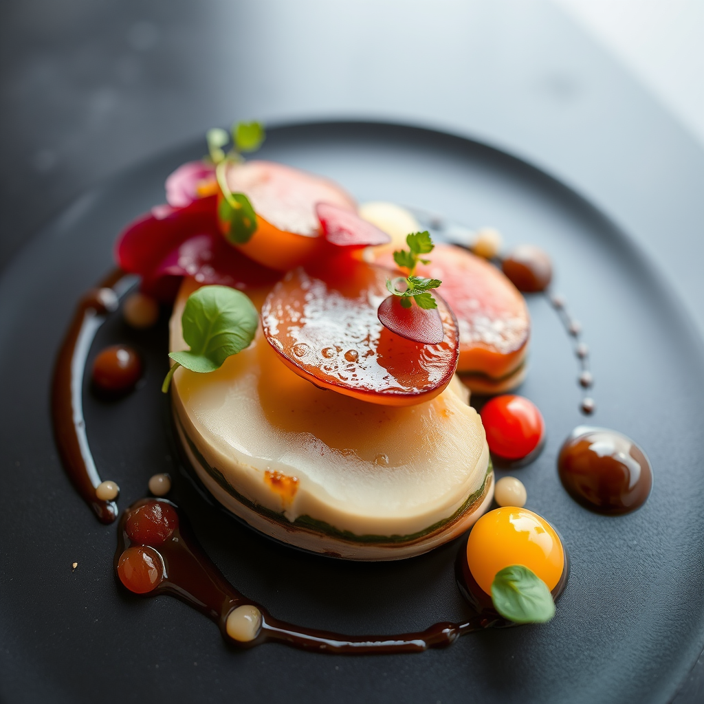 Elegant plated dish showing layered flavors and textures with artistic presentation and garnishes