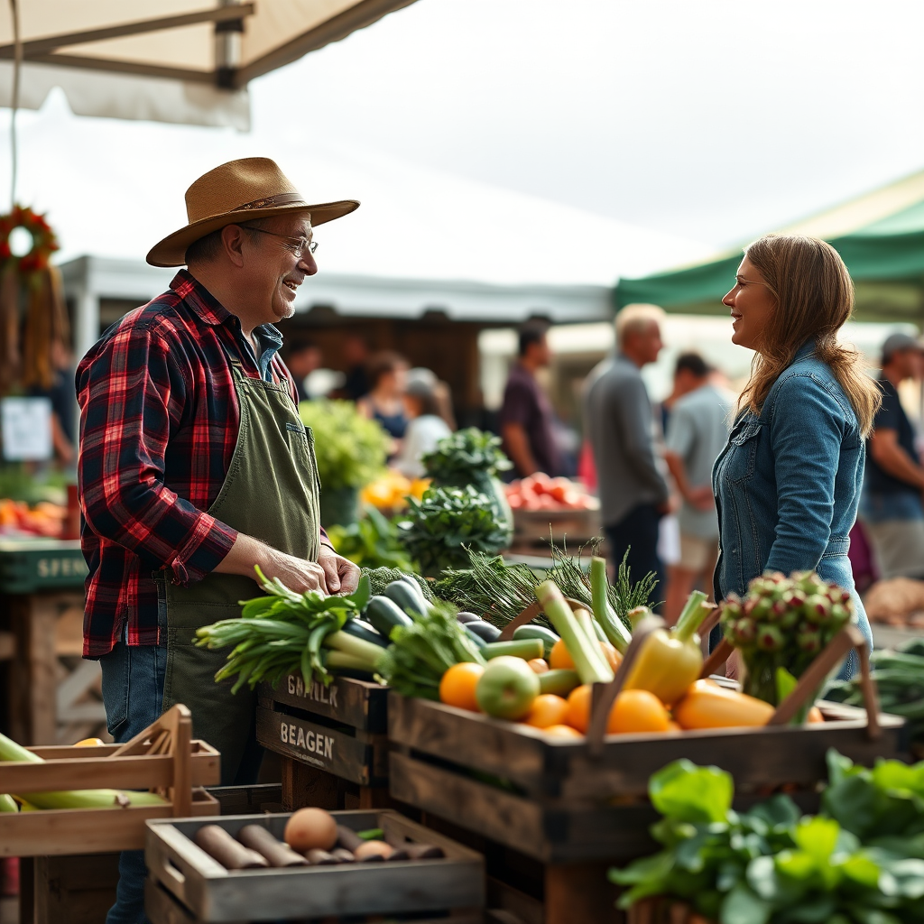 Friendly conversation between local farmer and customer at farmers market stand, with fresh produce displayed in wooden crates and baskets, showing the personal connection in farm-to-table relationships