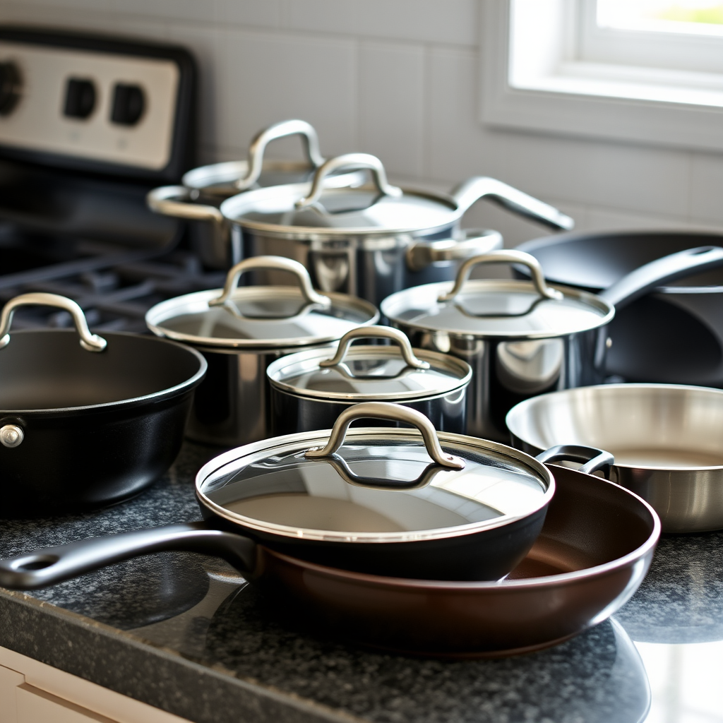 Collection of essential cookware including cast iron skillet, stainless steel pots, and non-stick pans arranged on kitchen counter