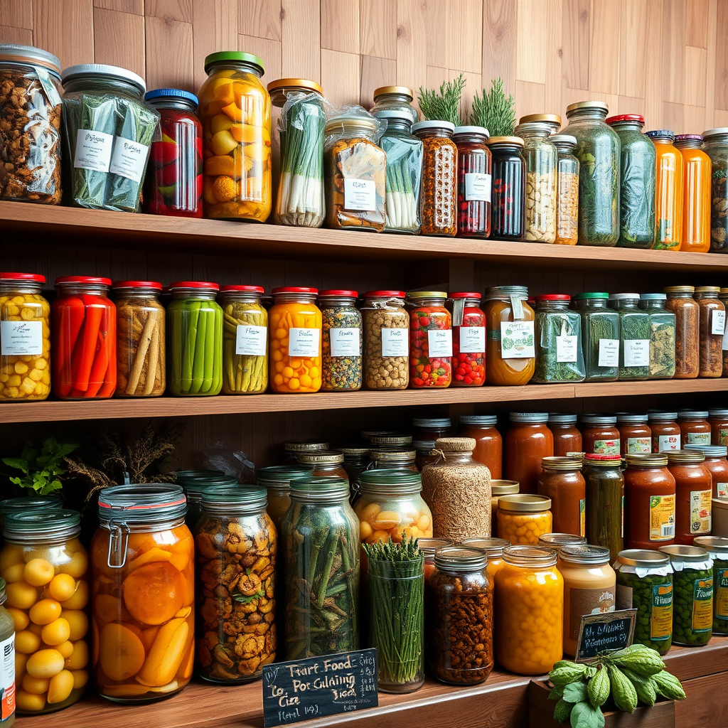 Beautiful display of various preserved foods including colorful fermented vegetables in glass jars, dried fruits and herbs, vacuum-sealed items, and canned goods arranged artistically on wooden shelves
