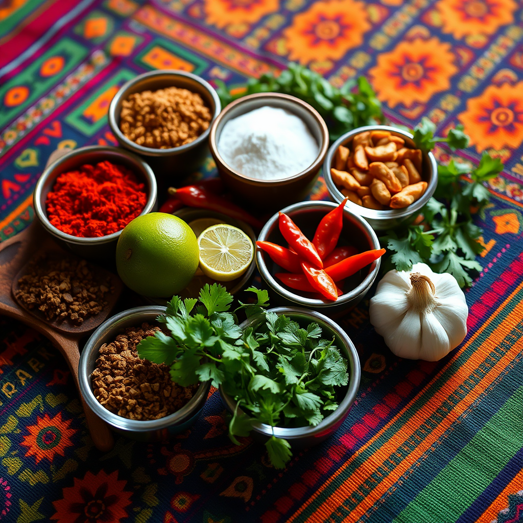Colorful array of Latin American spices including cumin, paprika, chili peppers, lime, cilantro, and garlic arranged in small bowls on a vibrant textile