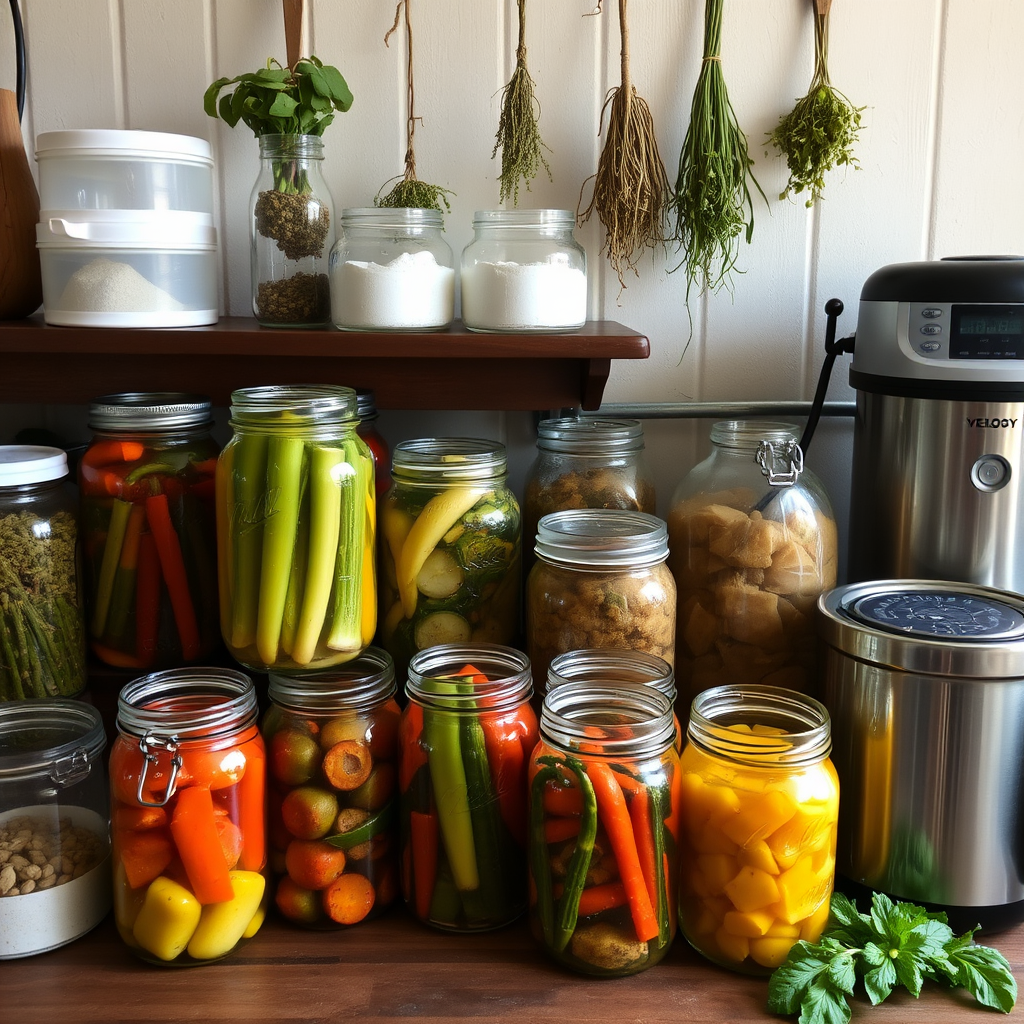 Traditional food preservation setup with glass mason jars filled with colorful preserved vegetables, hanging dried herbs, fermentation vessels, and modern dehydrating equipment
