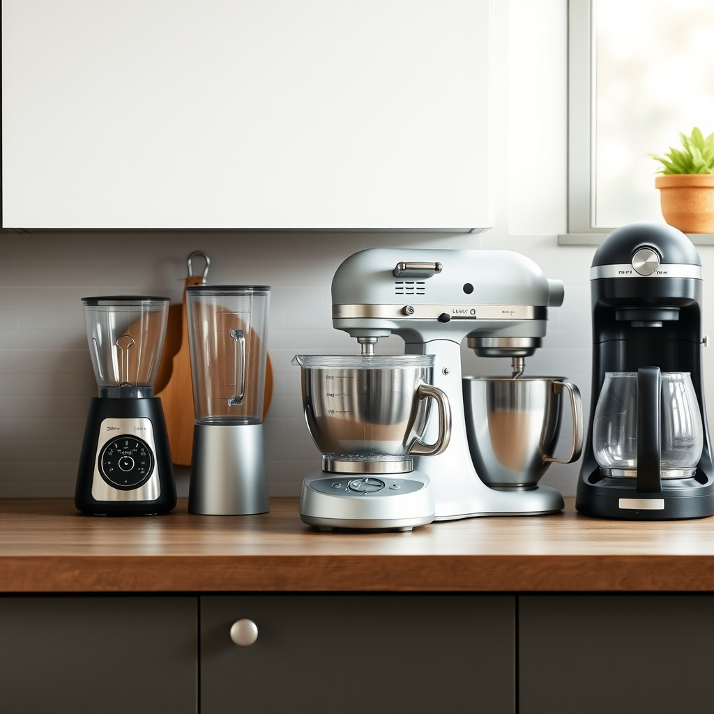Modern kitchen counter with essential small appliances including blender, food processor, stand mixer, and coffee maker arranged aesthetically