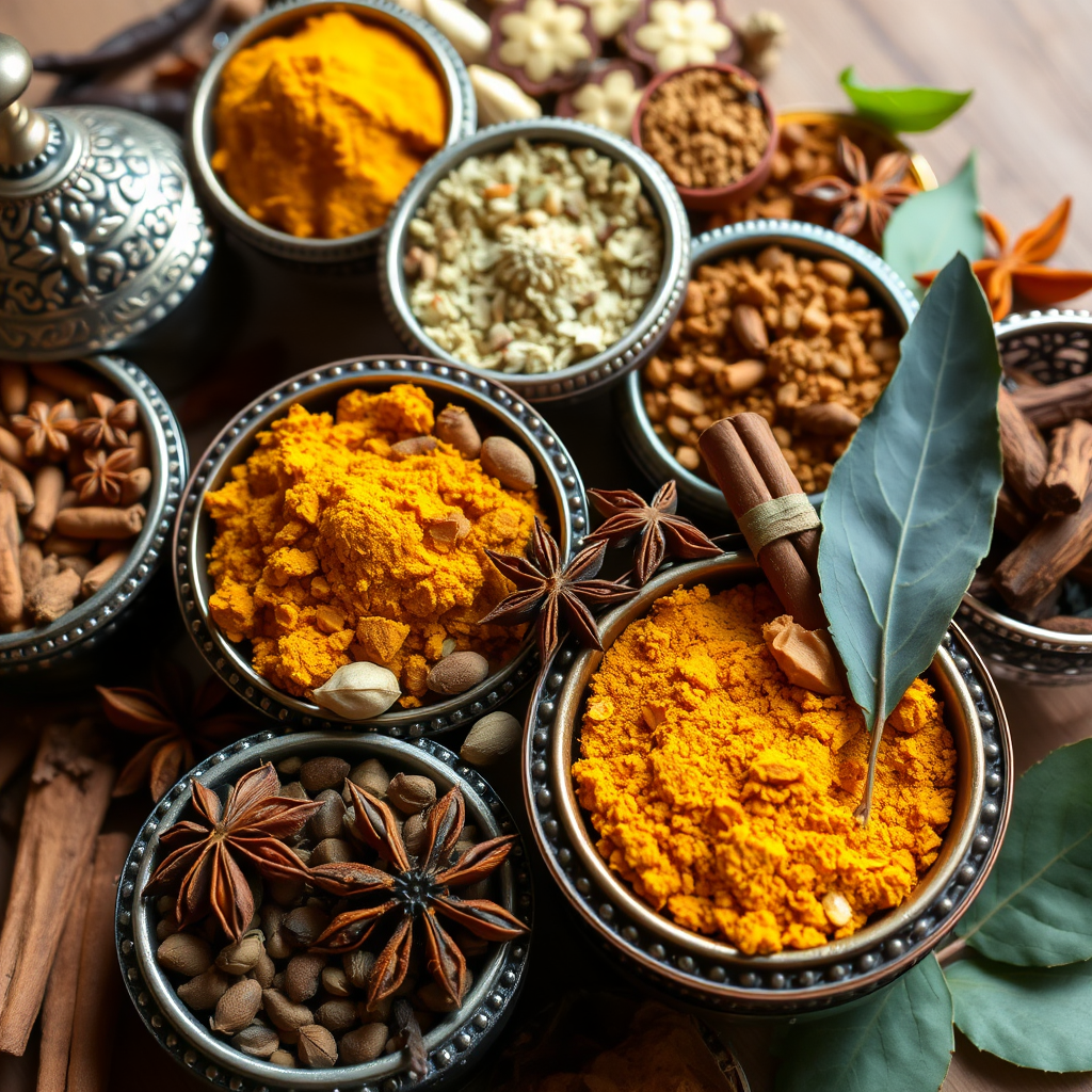 Traditional Indian spices including turmeric, cardamom, cinnamon sticks, star anise, and curry leaves arranged in ornate metal containers