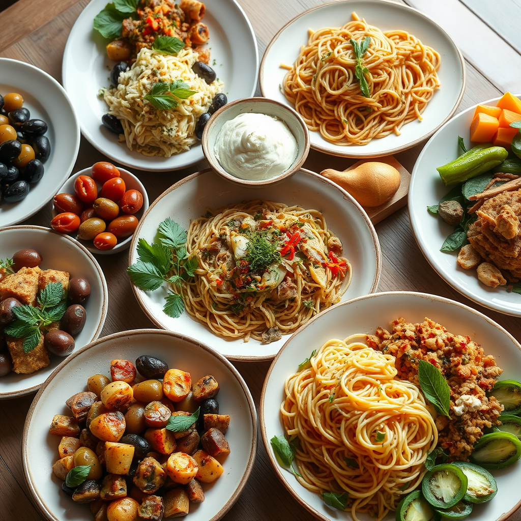 Diverse array of international dishes beautifully plated, showing Mediterranean olives and herbs, Asian spices and noodles, and various global ingredients arranged artistically